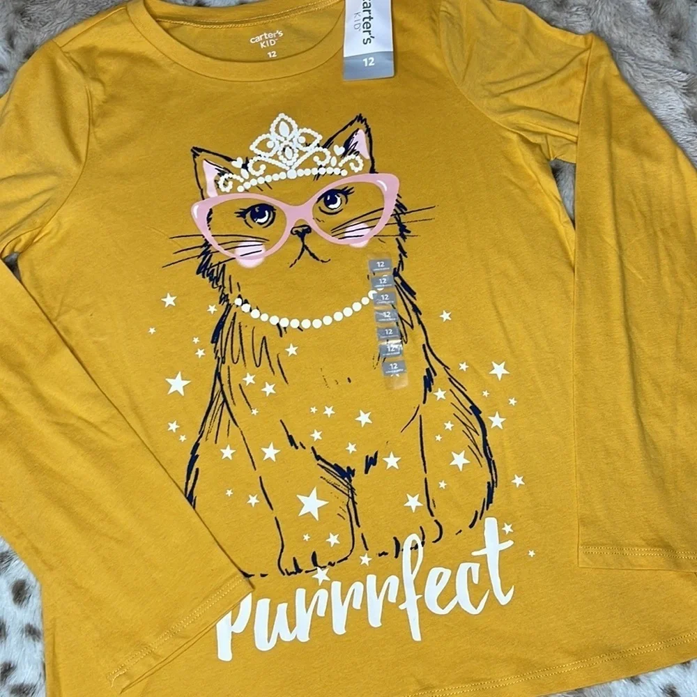 Carters Kid NWT Girls Yellow Cat Tiara Purrrfect Long Sleeve Graphic Tee 12